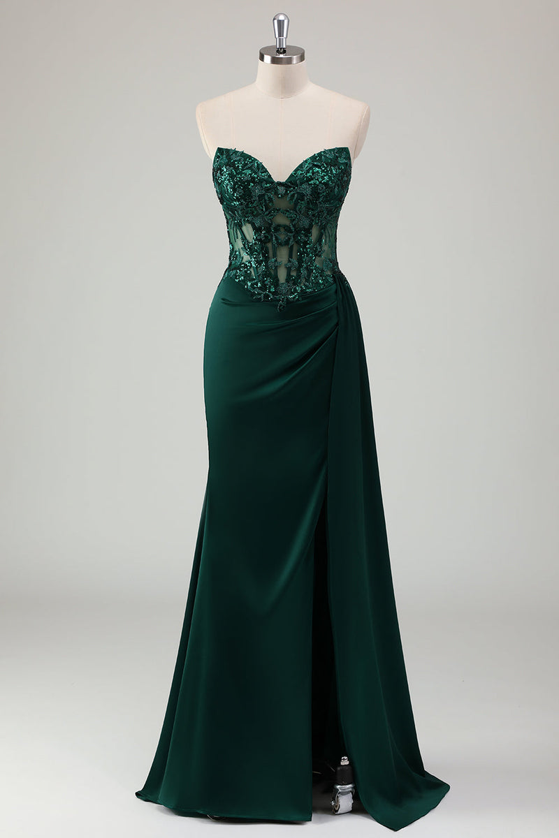 Load image into Gallery viewer, Sparkly Dark Green Mermaid Corset Long Prom Dress with Slit