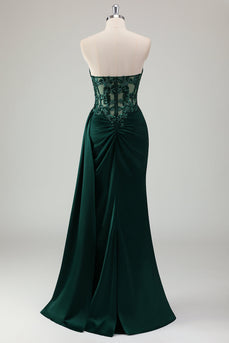 Sparkly Dark Green Mermaid Corset Long Prom Dress with Slit