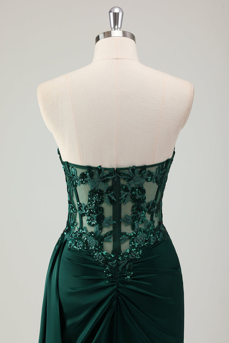 Load image into Gallery viewer, Sparkly Dark Green Mermaid Corset Long Prom Dress with Slit