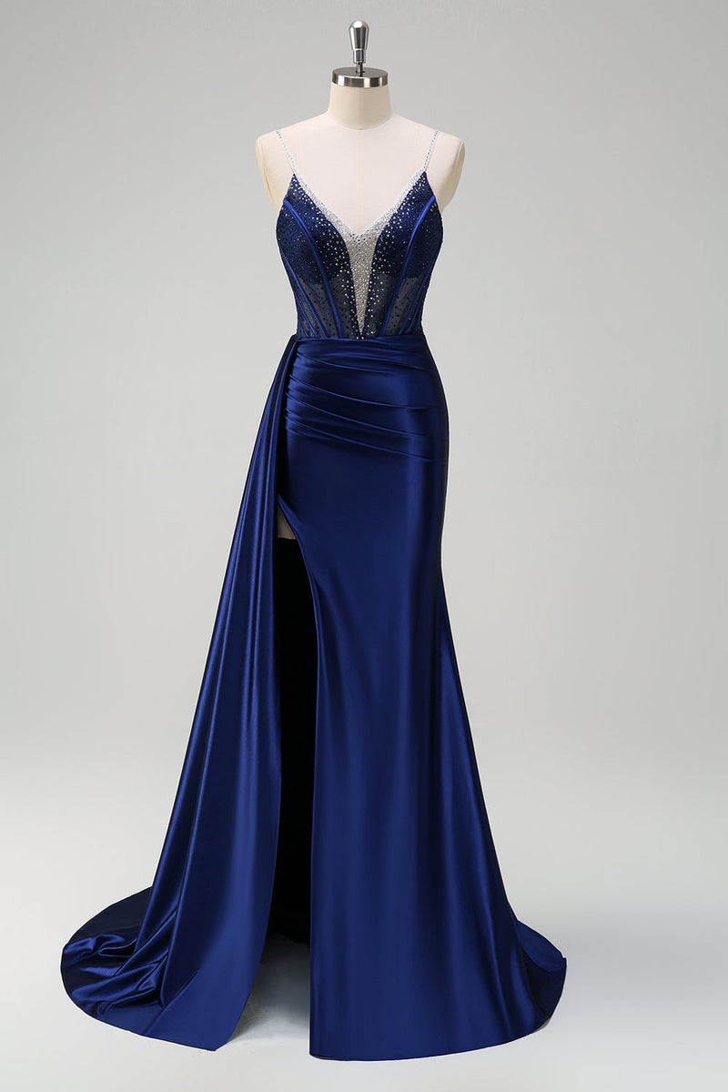 Load image into Gallery viewer, Navy Mermaid V Neck Corset Beaded Prom Dress with Slit