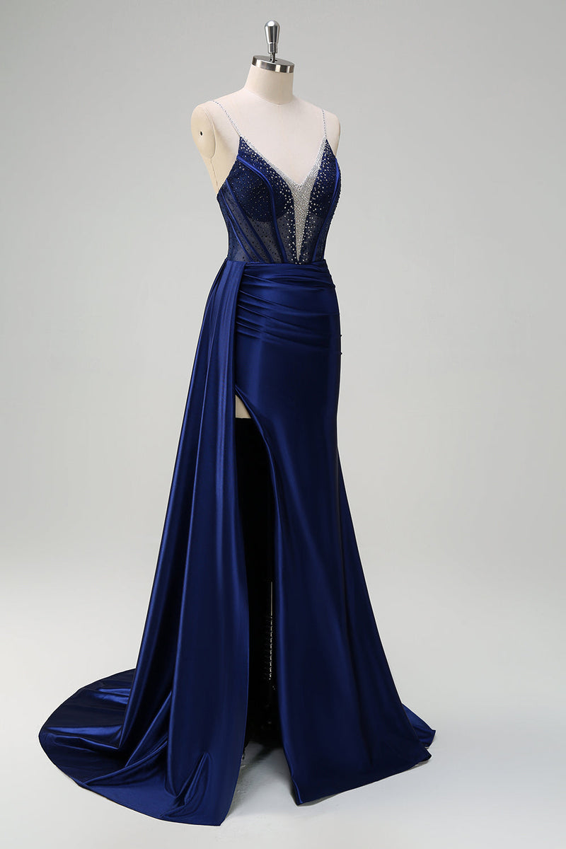 Load image into Gallery viewer, Navy Mermaid V Neck Corset Beaded Prom Dress with Slit