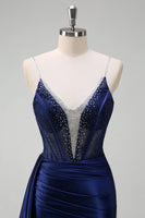 Load image into Gallery viewer, Navy Mermaid V Neck Corset Beaded Prom Dress with Slit