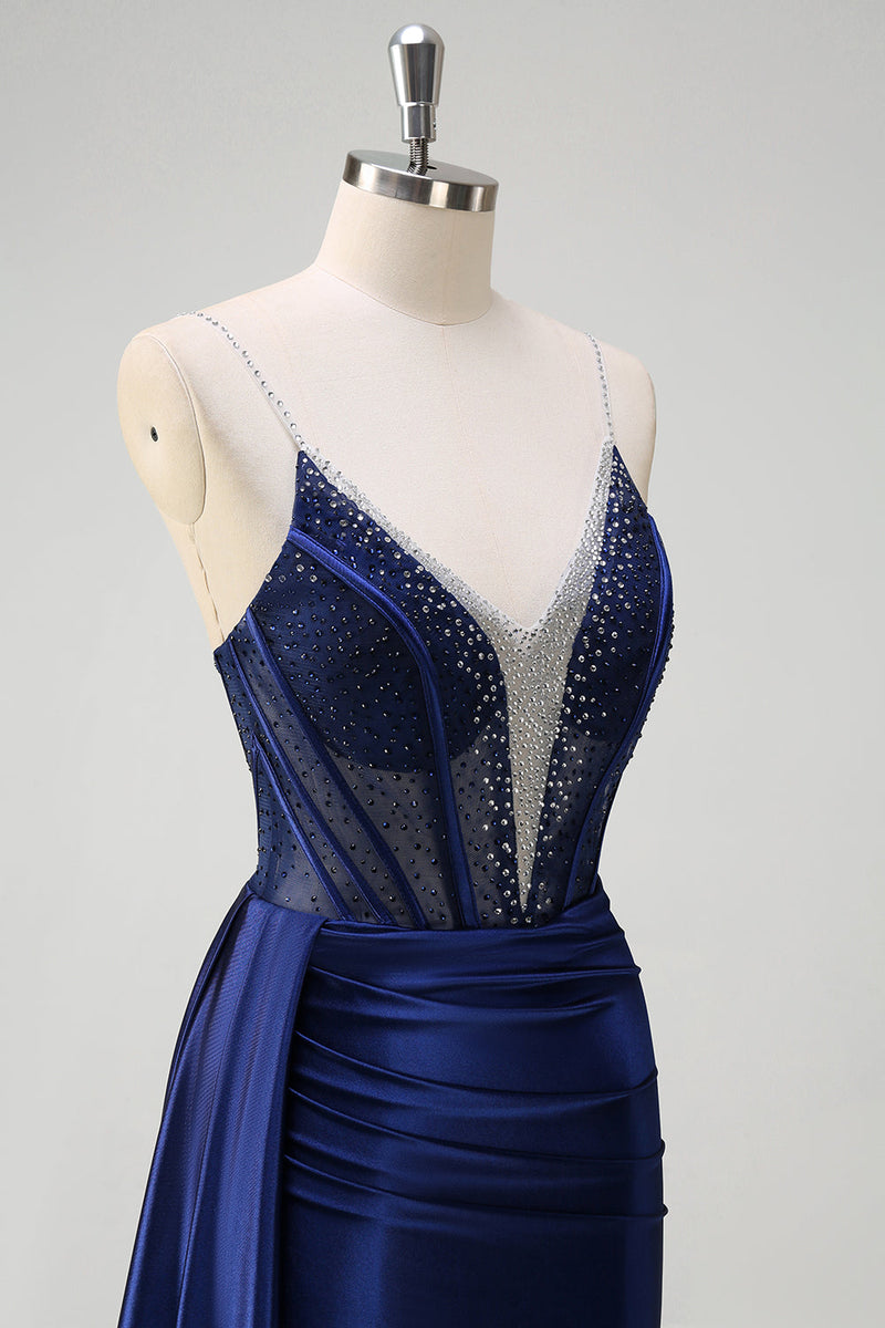 Load image into Gallery viewer, Navy Mermaid V Neck Corset Beaded Prom Dress with Slit