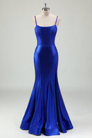 Load image into Gallery viewer, Royal Blue Mermaid Corset Long Prom Dress with Slit