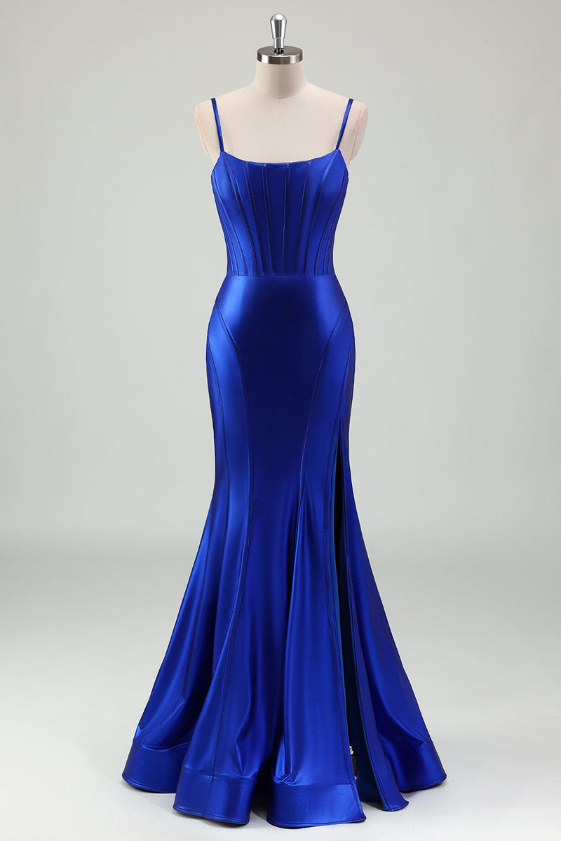 Load image into Gallery viewer, Royal Blue Mermaid Corset Long Prom Dress with Slit