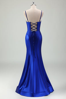Royal Blue Mermaid Corset Long Prom Dress with Slit