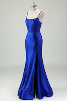 Load image into Gallery viewer, Royal Blue Mermaid Corset Long Prom Dress with Slit