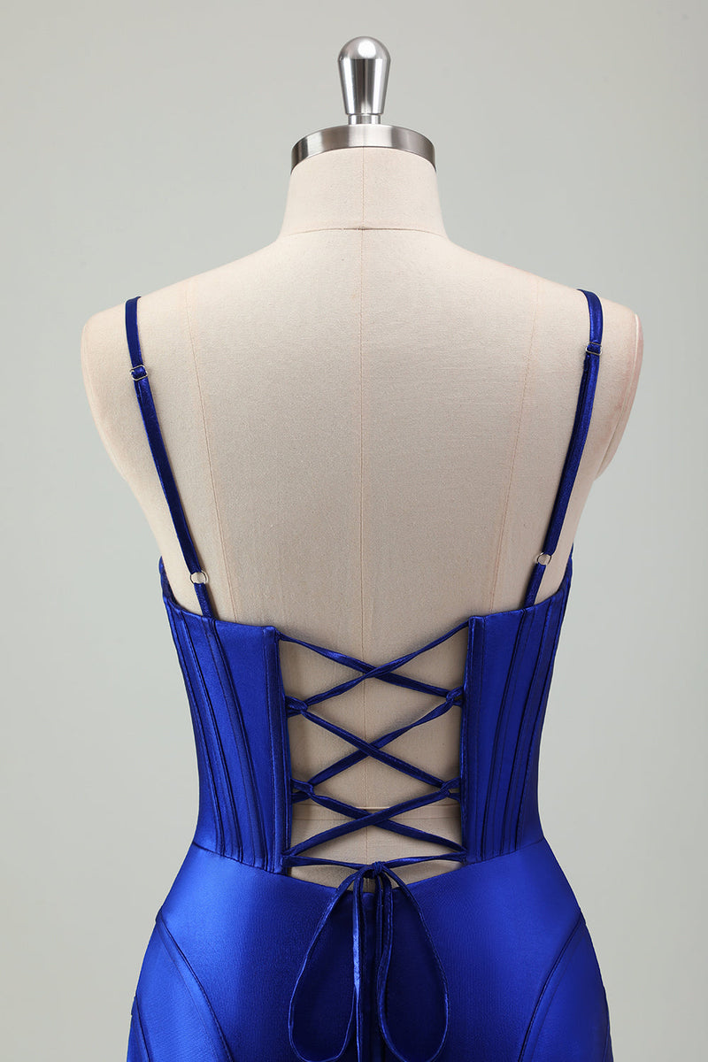 Load image into Gallery viewer, Royal Blue Mermaid Corset Long Prom Dress with Slit