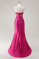 Load image into Gallery viewer, Fuchsia Mermaid Strapless Corset Prom Dress with Slit
