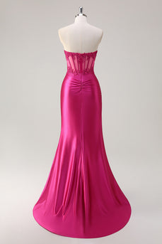 Fuchsia Mermaid Strapless Corset Prom Dress with Slit