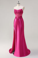 Load image into Gallery viewer, Fuchsia Mermaid Strapless Corset Prom Dress with Slit