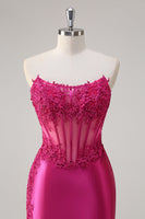 Load image into Gallery viewer, Fuchsia Mermaid Strapless Corset Prom Dress with Slit