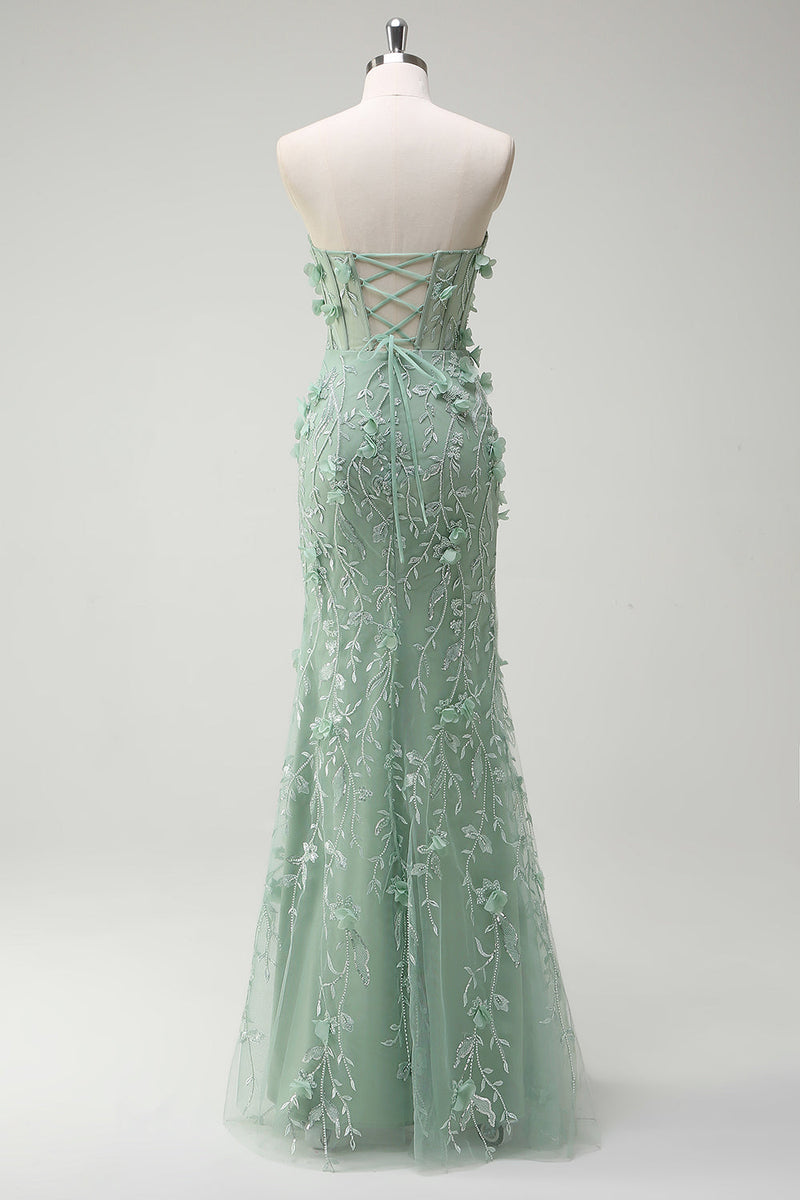 Load image into Gallery viewer, Floral Sage Mermaid Appliqued Long Prom Dress with Slit