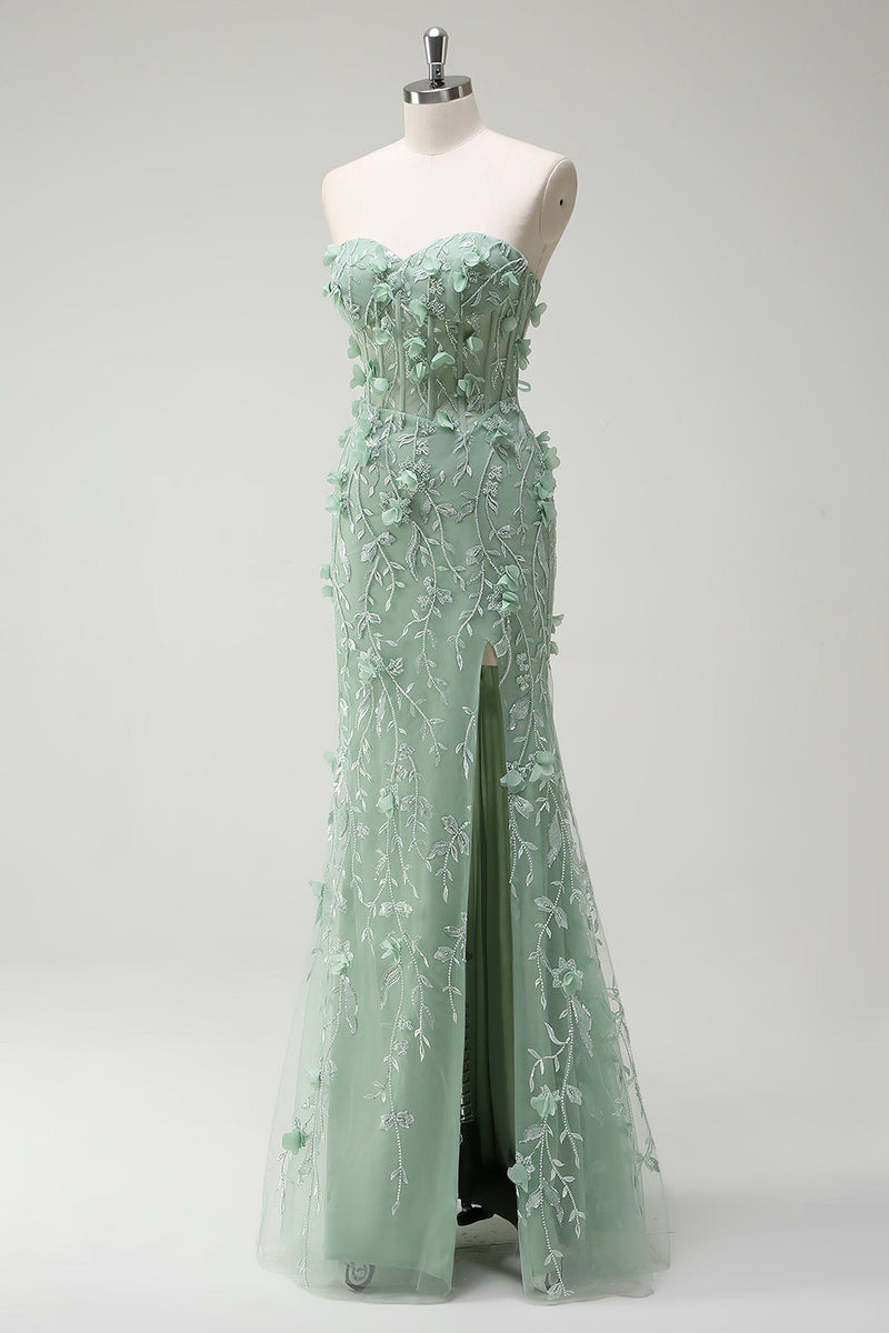 Load image into Gallery viewer, Floral Sage Mermaid Appliqued Long Prom Dress with Slit