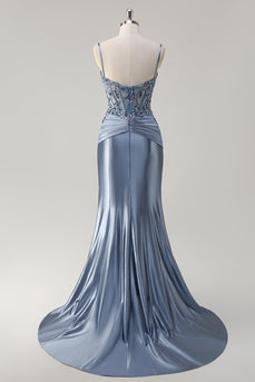 Grey Blue Mermaid Spaghetti Straps Corset Prom Dress