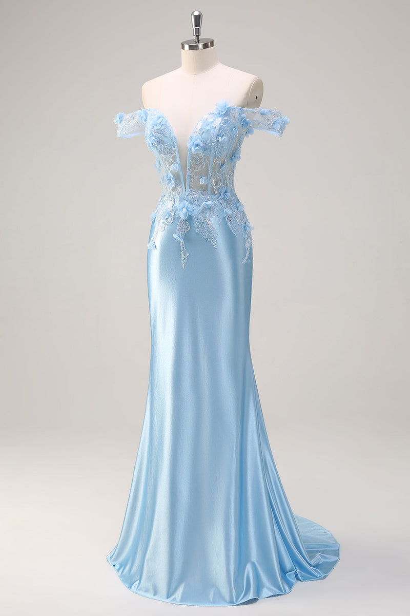 Load image into Gallery viewer, Off The Shoulder Sky Blue Mermaid Corset Floral Long Prom Dress