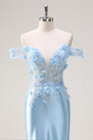 Load image into Gallery viewer, Off The Shoulder Sky Blue Mermaid Corset Floral Long Prom Dress
