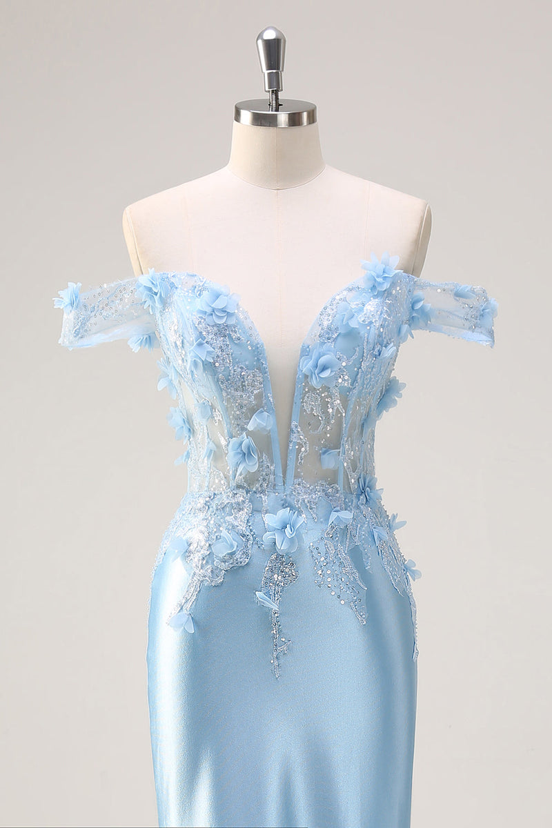 Load image into Gallery viewer, Off The Shoulder Sky Blue Mermaid Corset Floral Long Prom Dress