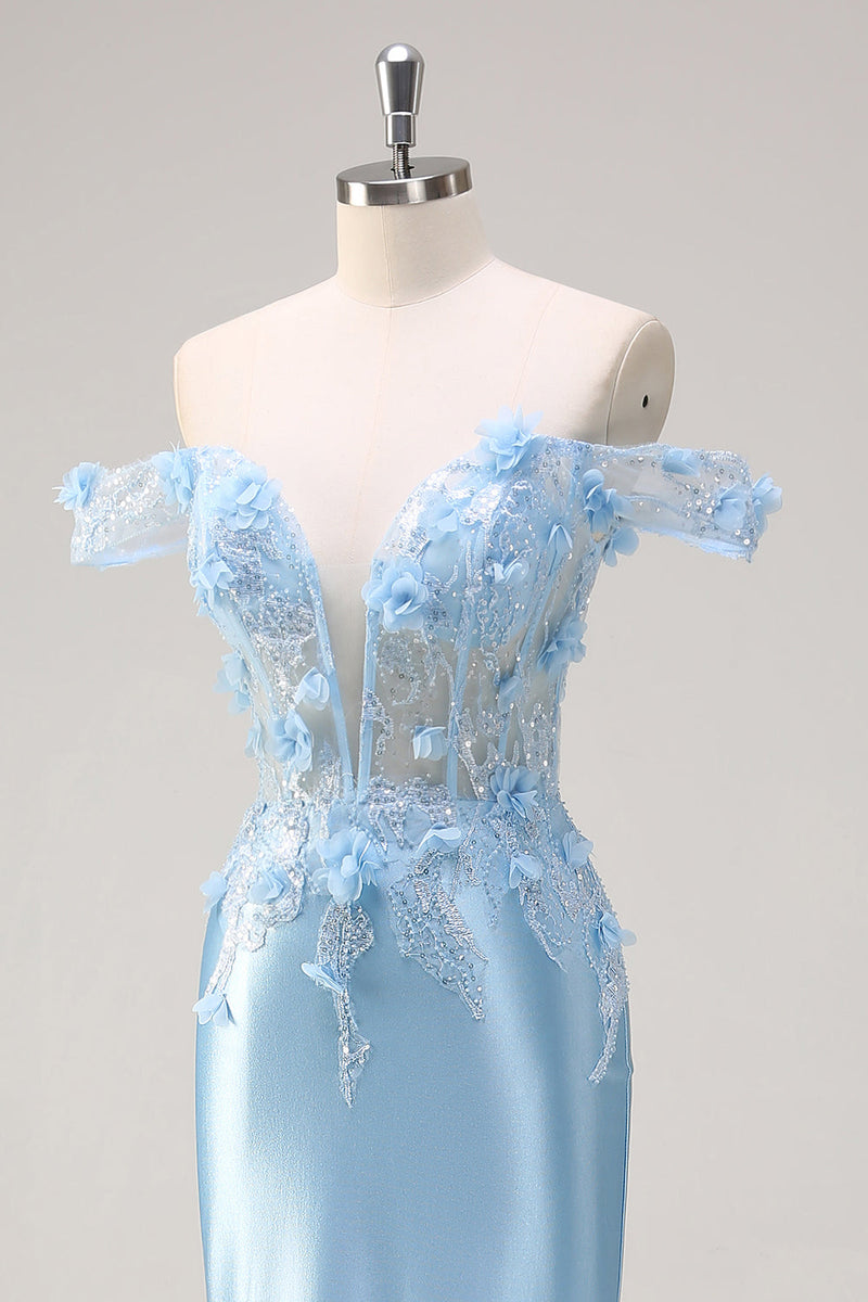 Load image into Gallery viewer, Off The Shoulder Sky Blue Mermaid Corset Floral Long Prom Dress
