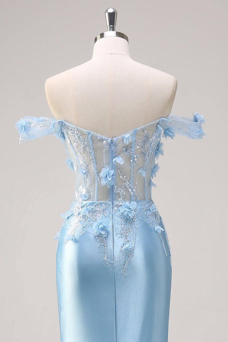 Load image into Gallery viewer, Off The Shoulder Sky Blue Mermaid Corset Floral Long Prom Dress