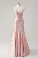 Load image into Gallery viewer, Pink Mermaid Spaghetti Straps Corset Flowers Satin Long Prom Dress