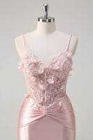 Load image into Gallery viewer, Pink Mermaid Spaghetti Straps Corset Flowers Satin Long Prom Dress