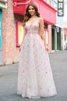 Load image into Gallery viewer, Pink A Line Spaghetti Straps Floral Sequin Prom Dress