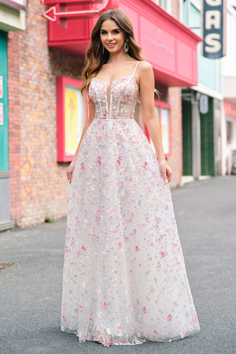 Load image into Gallery viewer, Pink A Line Spaghetti Straps Floral Sequin Prom Dress