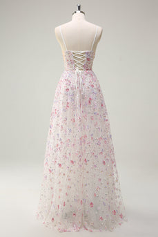 Pink A Line Spaghetti Straps Floral Sequin Prom Dress