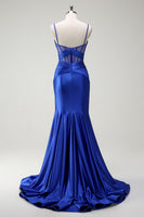 Load image into Gallery viewer, Royal Blue Mermaid Satin Corset Long Prom Dress with Slit