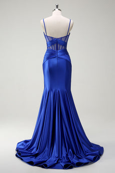 Royal Blue Mermaid Satin Corset Long Prom Dress with Slit
