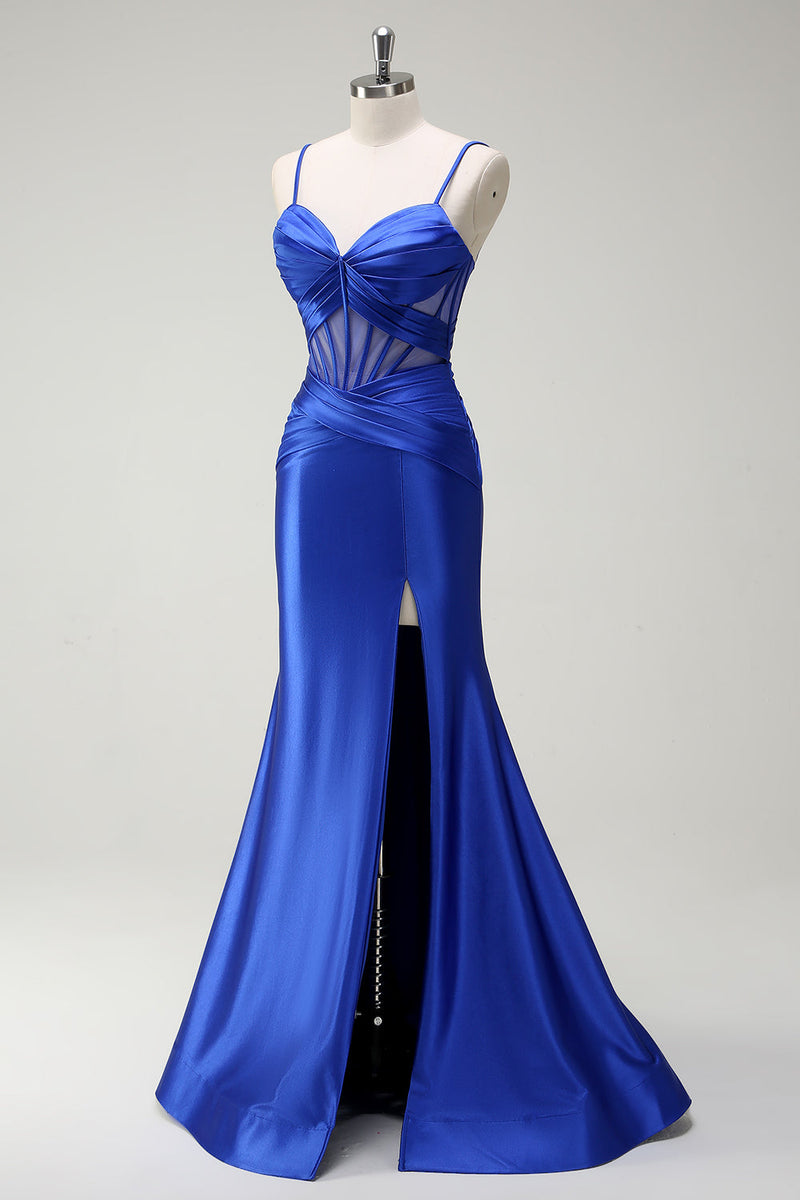 Load image into Gallery viewer, Royal Blue Mermaid Satin Corset Long Prom Dress with Slit