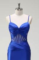 Load image into Gallery viewer, Royal Blue Mermaid Satin Corset Long Prom Dress with Slit