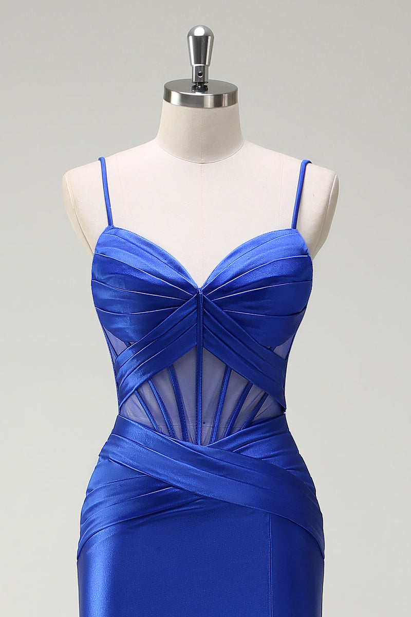 Load image into Gallery viewer, Royal Blue Mermaid Satin Corset Long Prom Dress with Slit