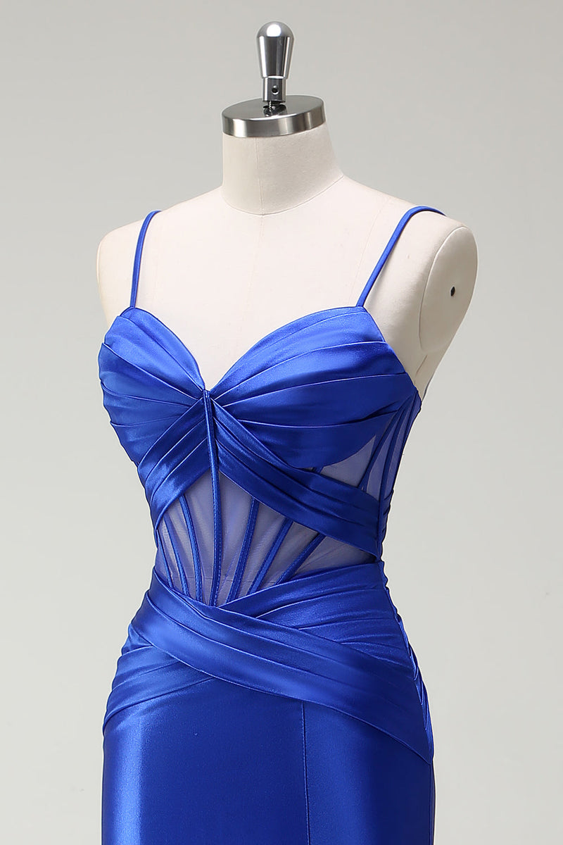 Load image into Gallery viewer, Royal Blue Mermaid Satin Corset Long Prom Dress with Slit