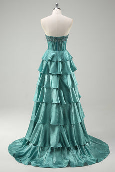 Tiered Peacock Green Strapless Long Prom Dress with Beading