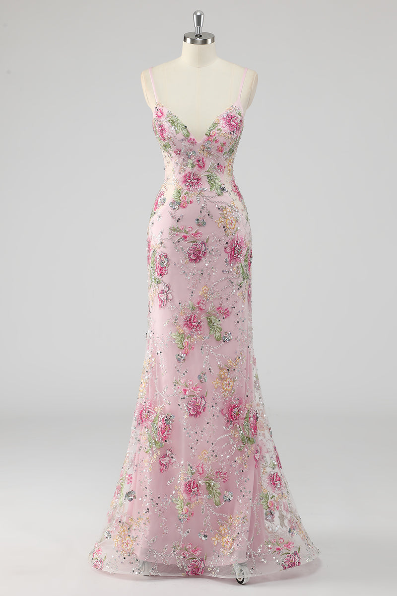 Load image into Gallery viewer, Navy Mermaid Sparkly Sequins Floral Print Long Prom Dress