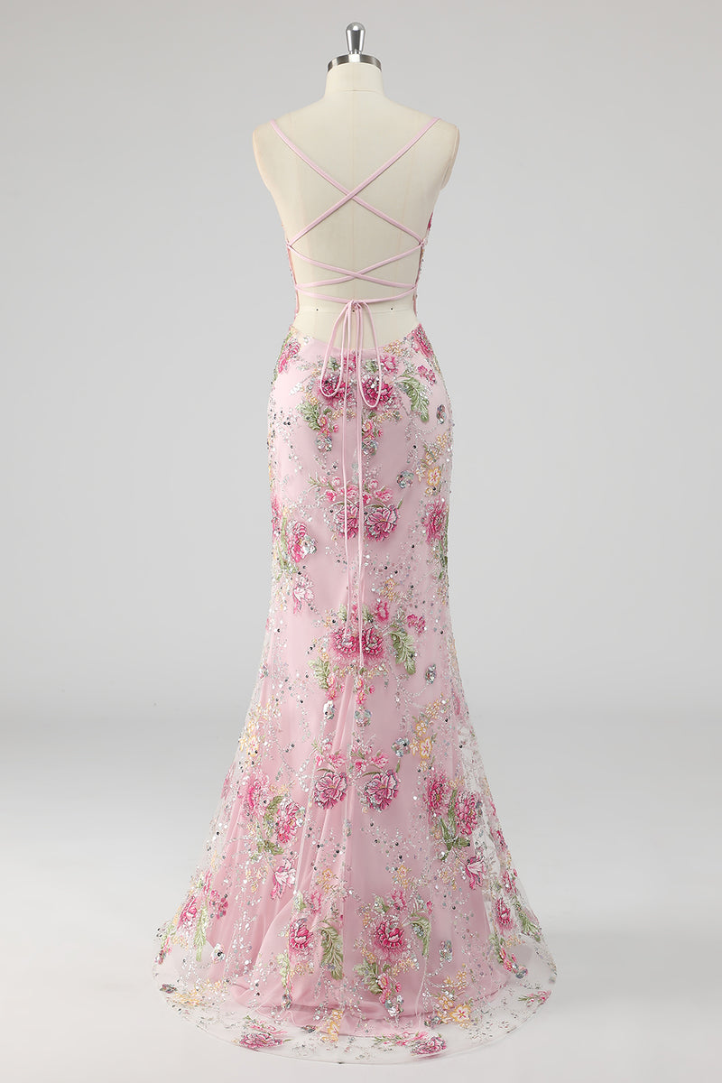 Load image into Gallery viewer, Navy Mermaid Sparkly Sequins Floral Print Long Prom Dress