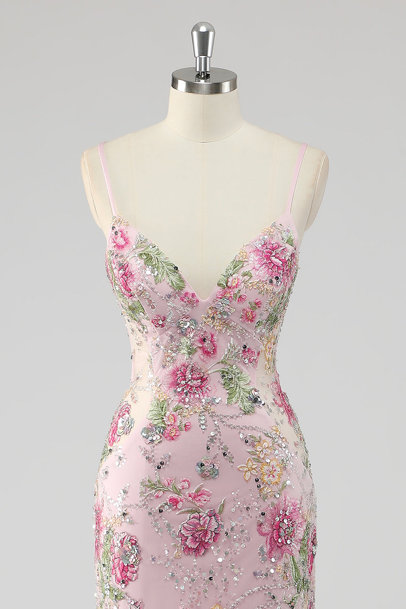 Load image into Gallery viewer, Navy Mermaid Sparkly Sequins Floral Print Long Prom Dress