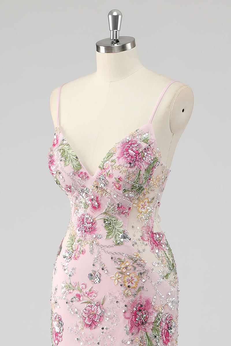 Load image into Gallery viewer, Navy Mermaid Sparkly Sequins Floral Print Long Prom Dress