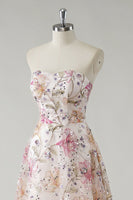 Load image into Gallery viewer, Sparkly Pink A Line Strapless Floral Sequin Long Prom Dress