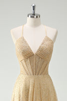 Load image into Gallery viewer, A Line Gold Sequin Spaghetti Straps Prom Dress With Slit