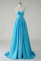 Load image into Gallery viewer, Sparkly A Line Blue Strapless Sequin Corset Long Prom Dress