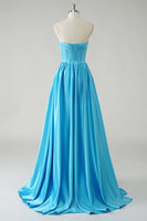 Load image into Gallery viewer, Sparkly A Line Blue Strapless Sequin Corset Long Prom Dress