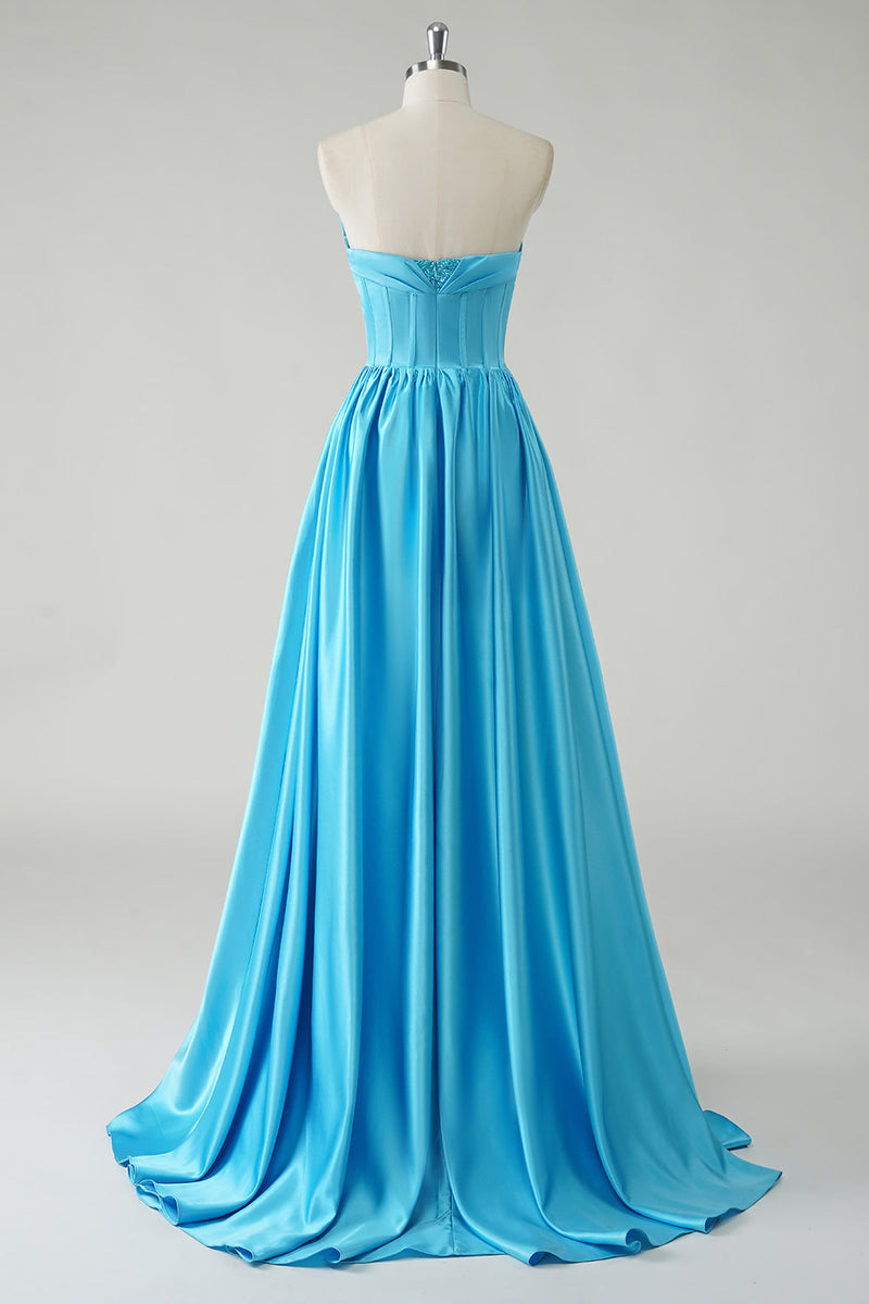 Load image into Gallery viewer, Sparkly A Line Blue Strapless Sequin Corset Long Prom Dress