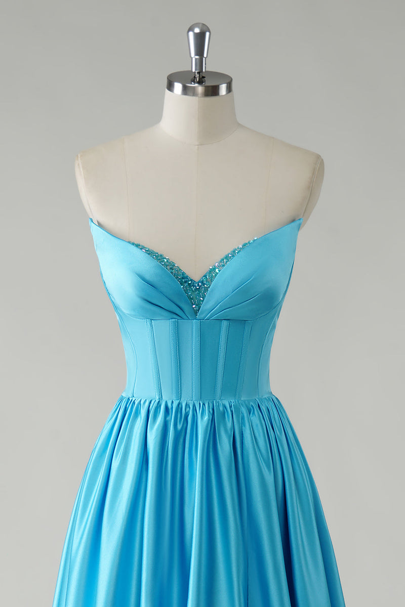 Load image into Gallery viewer, Sparkly A Line Blue Strapless Sequin Corset Long Prom Dress
