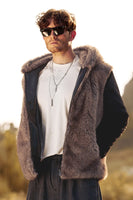 Load image into Gallery viewer, Brown Sleeveless Faux Fur Coat Vest with Hooded Fluffy Jacket