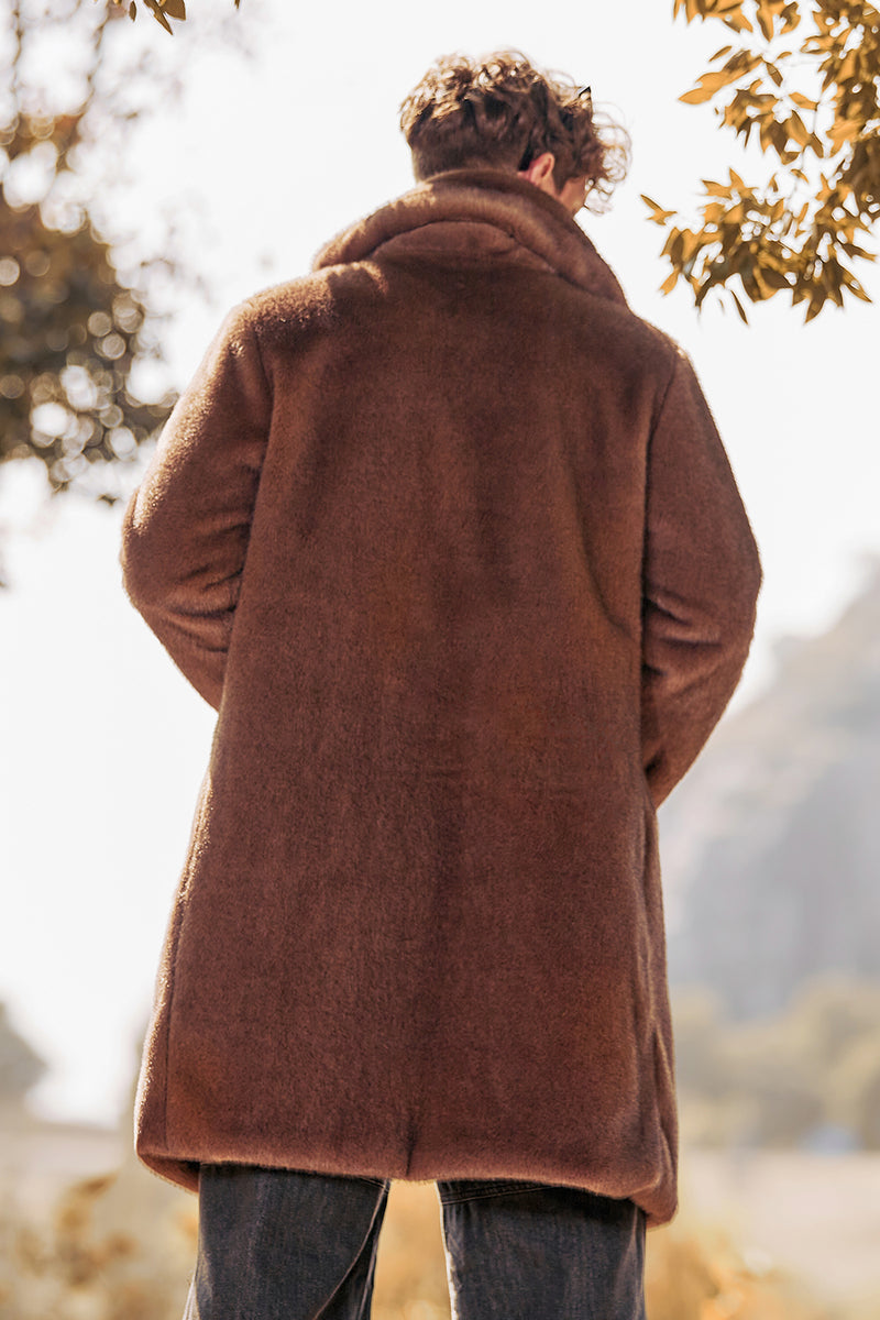 Brown Thick Hooded Long Sleeves Winter Faux Fur Men's Coat