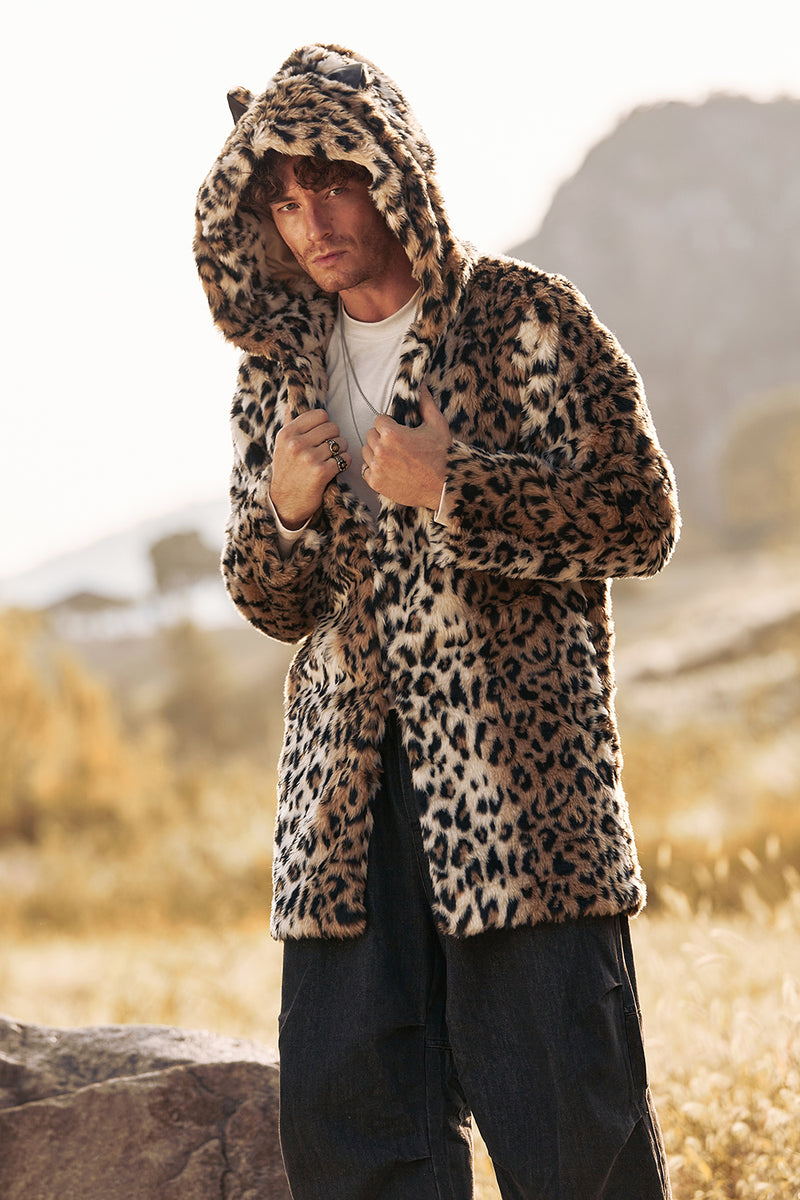 Load image into Gallery viewer, Leopard Print Men's Faux Fur Hooded Coat Mid-Long Fur Jacket