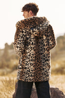 Load image into Gallery viewer, Leopard Print Men's Faux Fur Hooded Coat Mid-Long Fur Jacket